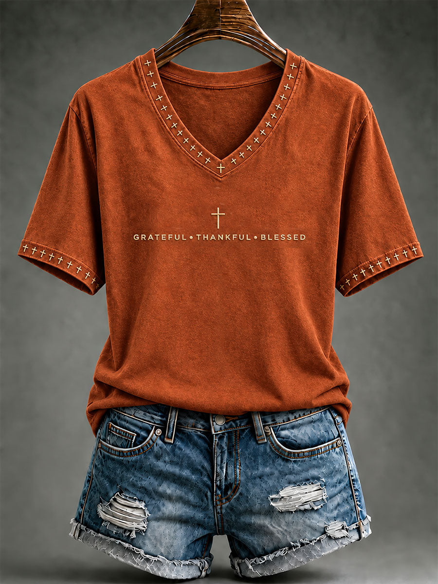 Women's Grateful Thankful Blessed Print T-shirt