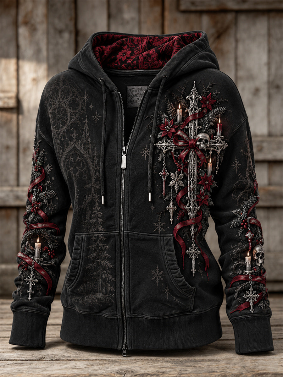 Women's Vintage Gothic Christmas Cross Print Full Zip Hoodie