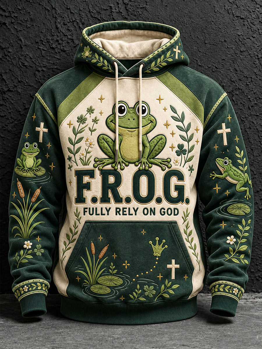 Men's Frog Fully Rely On God Print Hoodie