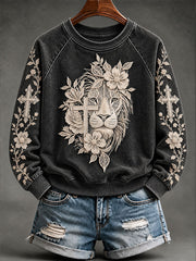 Women's "Faith" Lion & Floral Print Casual Sweatshirt
