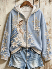 Women's Classy Christian Cross Our Lady Mary & Lily Floral Print Full Zip Hoodie