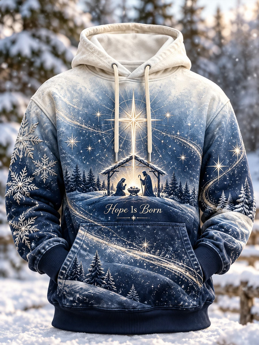 Men's Christian Christmas Art Print Oversized Drop-Shoulder Hoodie with Pockets