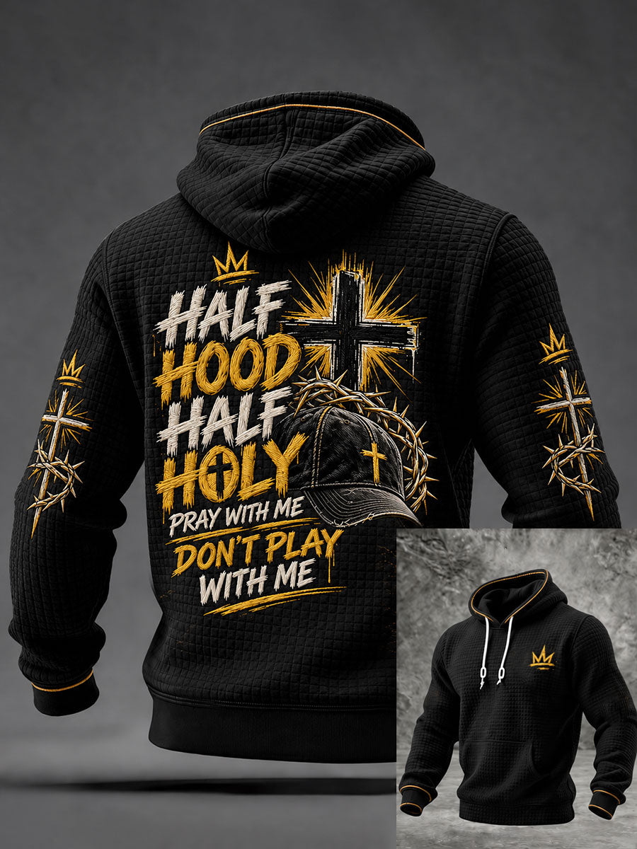 Men's Half Hood Half Holy Print Checkered Cotton Hoodie