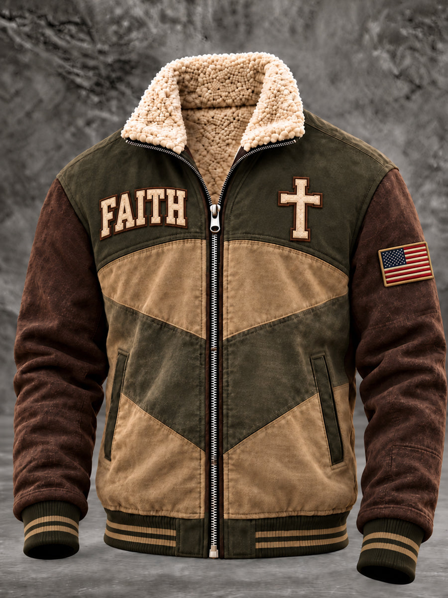 Men's Christian Jesus Cross Plush Stand Collar Casual Jacket