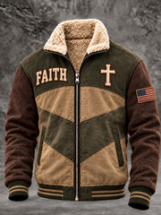 Men's Christian Jesus Cross Plush Stand Collar Casual Jacket