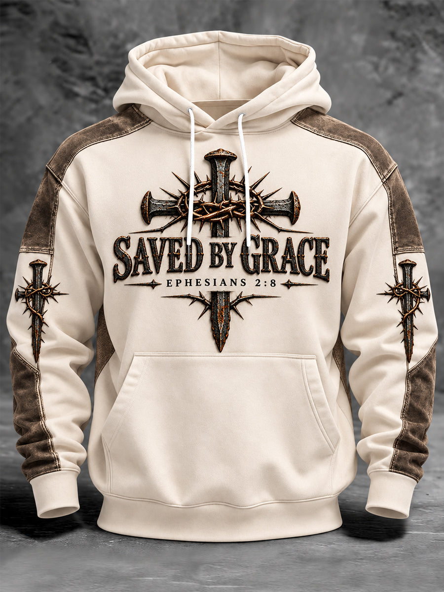 Men's Saved By Grace Nail Cross Print Christian Casual Hoodie