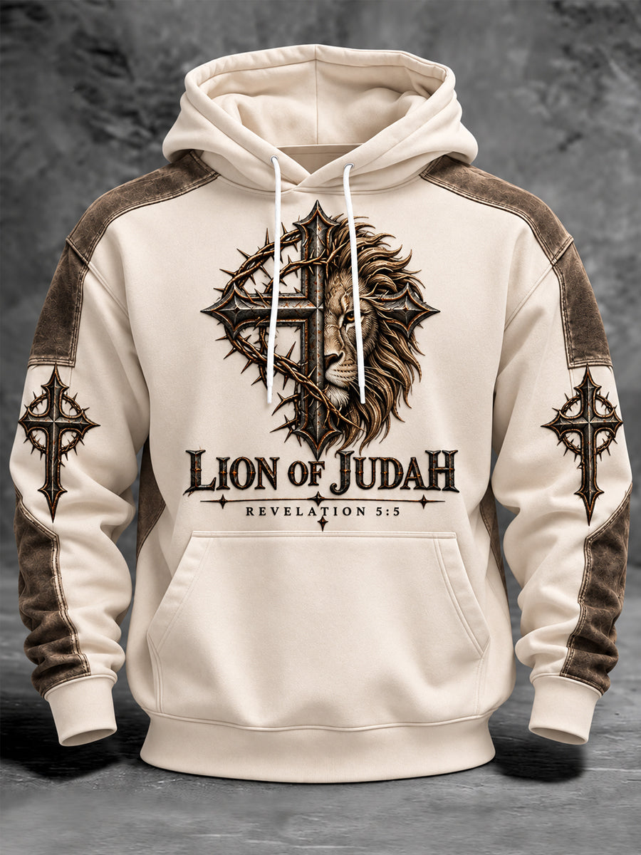 Men's Lion Of Judah Nail Cross Print Christian Casual Hoodie