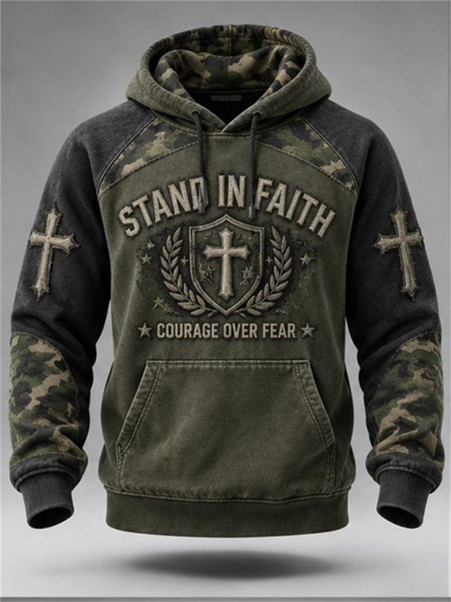 Men's Vintage Military Style Stand in Faith Christian Camoflage Print Raglan Hoodie